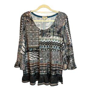 One World Blouse‎ Women's Size Large Abstract Lace Bell Sleeves office